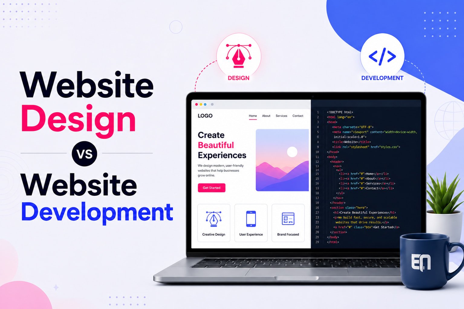 Website design and development comparison showing design layout and code structure