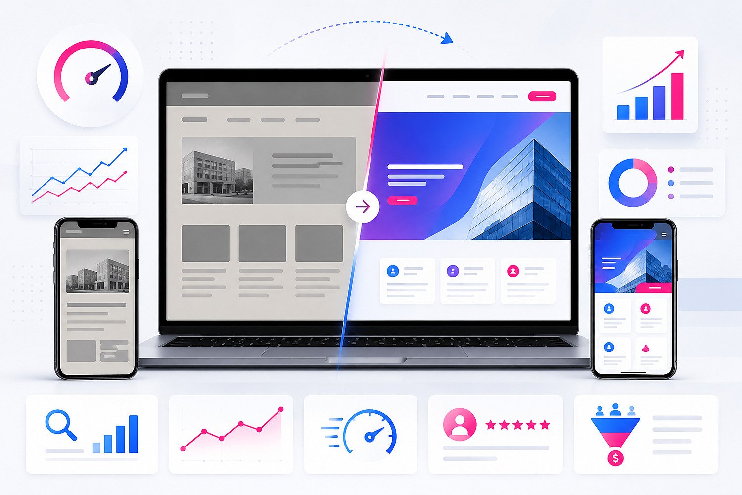 Business website redesign concept showing modern website layout and mobile-friendly design