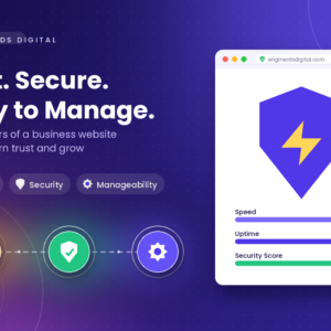 Fast and secure business website concept showing website performance, security, mobile responsiveness, clean code, hosting, backups, and easy website management